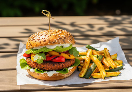 Plant based veggie burger featuring a seeded bun, patty, avocado, grilled peppers, and lettuce, served with zucchini fries on a wooden table outdoors.の素材