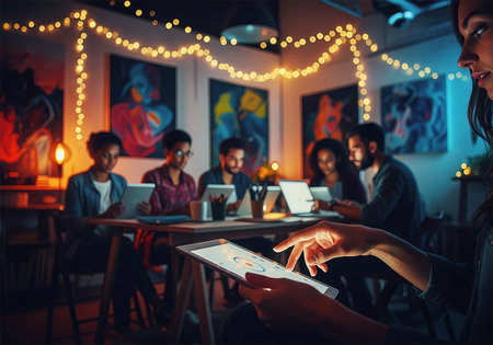 Diverse team of creative professionals working late in a dimly lit, artistic office. foreground focus on a woman using a glowing tablet for digital collaboration and data analysis.の素材