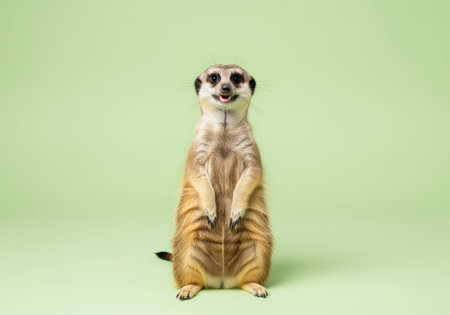 Meerkat standing upright on its hind legs, looking directly at the camera with an alert expression. high key studio photograph against a seamless pastel green background, providing ample copy space.の素材