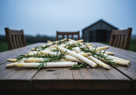 Raw white asparagus spears and fresh rosemary arranged on a rustic wooden table outdoors. focus on fresh harvest, gourmet food, and moody atmosphere.の素材