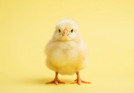 Fluffy yellow baby chick standing front and center in a clean studio setting. the small bird is isolated against a vibrant, solid yellow background, representing spring, easter, and new life.の素材