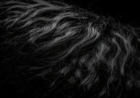 High contrast, detailed macro photograph showcasing the abstract texture of thick, wavy, dark hair or fur fibers against a deep black background. focus on pattern and detail.の素材