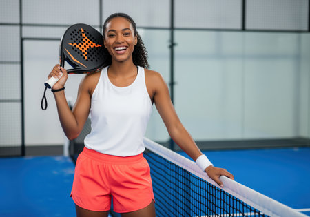 Cheerful athletic woman standing on a blue padel court holding a racket over her shoulder, smiling confidently. she wears a white tank top and bright orange shorts, symbolizing fitness and a healthy lifestyle.の素材