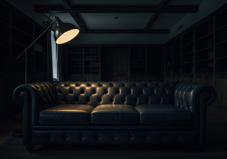 Luxurious dark blue leather chesterfield sofa placed in a dimly lit, sophisticated room with bookshelves in the background, highlighted by a dramatic floor lamp.の素材