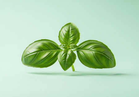 Fresh green basil sprig with multiple leaves floating slightly above a seamless pale green background. studio shot emphasizing freshness, flavor, and culinary use.の素材
