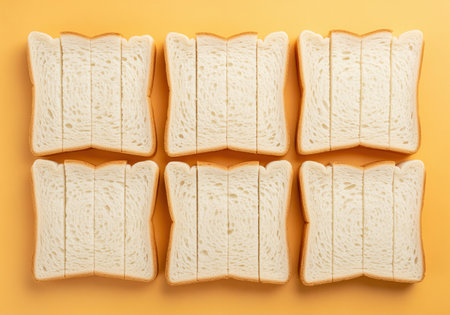 Six slices of uniformly cut white sandwich bread displayed in a neat 2x3 grid pattern. fresh, soft bread ready for toast or sandwiches, isolated on a vibrant orange background.の素材