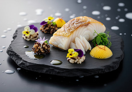 Oven baked cod loin, perfectly flaked, presented on a dark slate plate alongside miniature mounds of wild rice, colorful edible flowers, and bright yellow lemon foam. high end fine dining cuisine.の素材