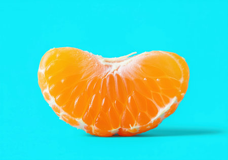 Perfectly peeled clementine orange segment, showcasing its juicy texture and bright orange color, isolated on a vibrant turquoise background. studio shot emphasizing freshness and healthy eating.の素材
