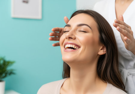 Young woman with eyes closed and a wide, genuine smile receiving a head treatment from a professional in a spa or clinic setting. focus on relaxation, wellness, and happiness.の素材