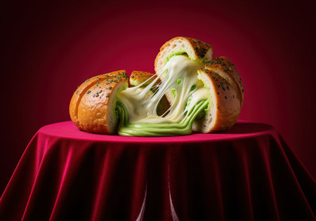 Sliced savory bread loaf dramatically pulled apart, revealing long, stretchy strings of melted green cheese. studio still life shot on a draped red velvet surface against a dark background, emphasizing texture and indulgence.の素材