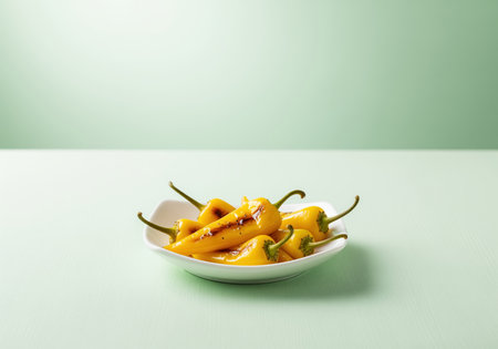 Roasted yellow banana peppers seasoned and served in a small white square dish. clean, minimalist studio food photography on a light green background.の素材