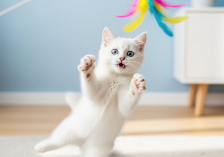 Fluffy white kitten with bright blue eyes leaping midair to catch a colorful feather toy indoors. the playful cat is energetic and focused on the game in a bright domestic setting.の素材