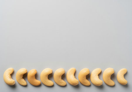 Cashew kernels arranged neatly in a horizontal line along the bottom edge. studio shot with a light gray background and significant negative space. healthy eating, protein, and snack concept.の素材