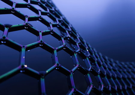Iridescent hexagonal lattice structure, possibly representing nanotechnology or graphene, covered in small water droplets against a dark blue background. abstract 3D visualization.の素材