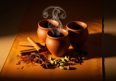 Three steaming terracotta kulhad cups filled with traditional indian chai, surrounded by raw spices including cinnamon, star anise, cardamom, and saffron threads.の素材