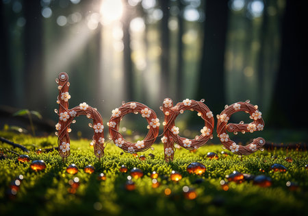 Word hope crafted from intricate copper wire vines decorated with small white flowers and dew drops, resting on vibrant green moss. sunlight streams through the dark forest background, symbolizing optimism, nature, and new beginnings.の素材
