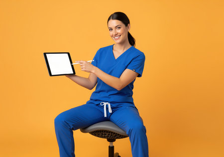 Happy woman wearing blue medical scrubs sits on a chair, holding a digital tablet with a blank white screen and pointing at it with a stylus. concept of modern healthcare technology and telemedicine.の素材