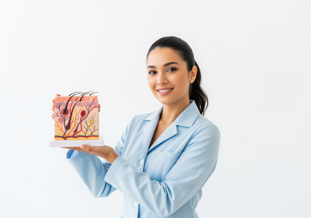 Woman dermatologist in a blue lab coat holding a detailed anatomical cross section model of human skin, illustrating layers, hair follicles, and vessels for medical consultation and education.の素材