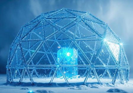 Geodesic dome structure constructed from translucent blue ice, standing on a snowy landscape. a vibrant, glowing blue crystal core is protected inside, symbolizing future energy or preservation technology.の素材