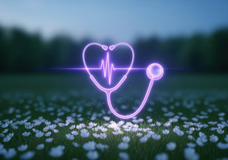 Neon purple stethoscope forming a heart shape with a visible heartbeat line, hovering over a field of small white flowers and grass. concept of health, cardiology, and nature connection.の素材