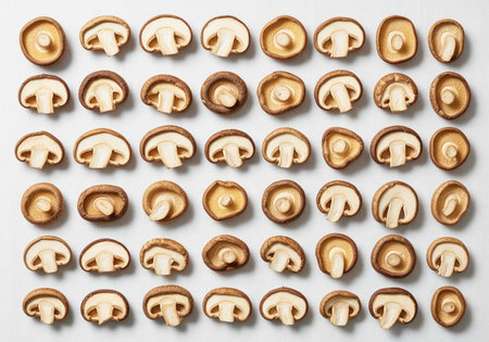 Sliced shiitake mushrooms arranged neatly in rows on a white surface. the geometric pattern highlights the texture and shape of this healthy asian culinary ingredient, perfect for cooking.の素材