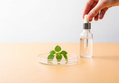 Clear glass dropper bottle held by a woman hand next to a green plant sprout in a petri dish, symbolizing natural cosmetic extraction and scientific testing.の素材