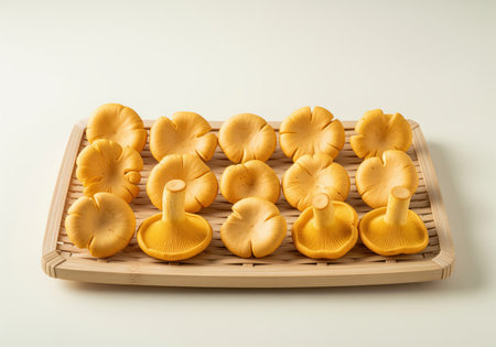 Fresh, robust golden chanterelle mushrooms cantharellus cibarius neatly arranged on a woven bamboo tray in a brightly lit studio setting. gourmet food ingredient.の素材