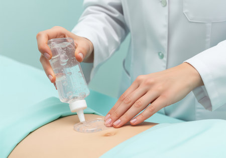 Medical professional applies clear ultrasound gel from a bottle onto a patient bare abdomen, preparing for a sonography or diagnostic procedure.の素材