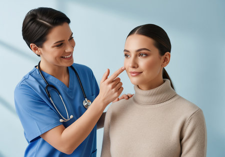 Professional female doctor in blue scrubs examining the healthy skin of a young woman patient during a medical consultation. dermatology, beauty, and healthcare concept.の素材