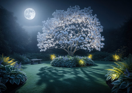 Luminous white flowering tree stands illuminated in a serene, dark garden setting under a bright full moon. features lush green lawn, hostas, ferns, and subtle accent lighting, creating a magical, tranquil atmosphere.の素材