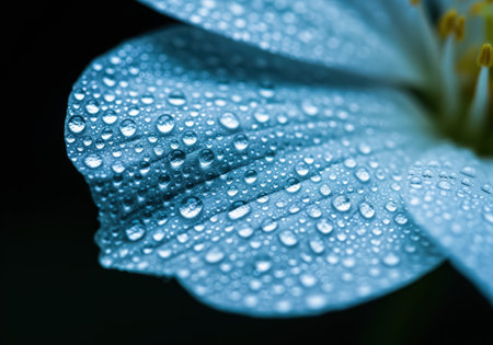 Extreme macro photograph showing the intricate texture of a blue flower petal densely covered in clear, reflective morning dew drops against a dark background.の素材