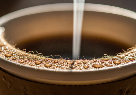 Macro detail showing water droplets and fine fibers on the rim of a recycled paper coffee sleeve. a stream of hot liquid pours into the dark beverage inside the cup, emphasizing warmth and texture.の素材