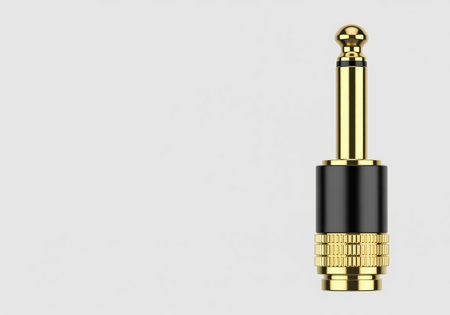 Gold plated quarter inch 635mm audio jack plug connector, isolated on a white background. essential equipment for professional music, sound engineering, and studio recording connections.の素材
