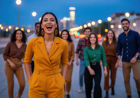 Young woman in a yellow jumpsuit laughing happily, leading a diverse group of friends walking confidently down an urban street at dusk. represents friendship, success, and teamwork.の素材