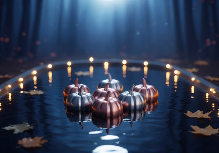 Six metallic silver and rose gold pumpkins floating on dark, reflective water. mystical light beams illuminate the enchanted forest scene, featuring glowing bokeh and autumn leaves.の素材