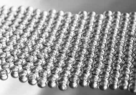 Highly reflective glass spheres arranged in precise, uniform rows on a smooth surface, creating a mesmerizing abstract pattern. sharp macro close up shot in silver tones.の素材