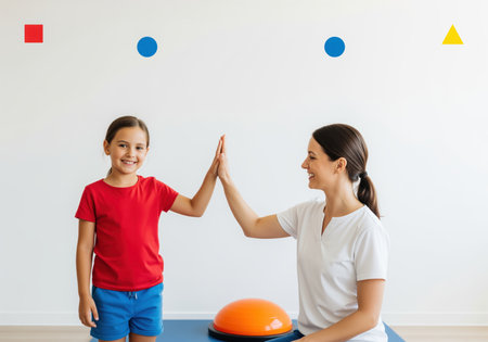 Cheerful girl and female physical therapist giving a high five, celebrating a successful rehabilitation exercise in a bright clinic setting. focus on teamwork and achievement.の素材