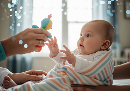 Adorable infant sitting up, wrapped in striped pajamas, reaching out toward a colorful rattle toy held by an adult caregiver. focus on curiosity, development, and interaction.の素材