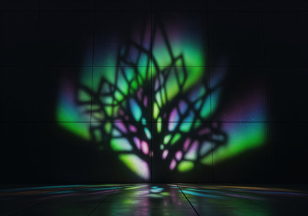 Colorful abstract tree silhouette projected onto a dark, tiled wall, creating a vibrant aurora borealis light effect. reflective floor adds depth. concept of fantasy, digital art, and stage background.の素材