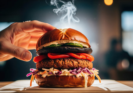 Gourmet plant based burger stacked high with a veggie patty, portobello mushroom, red peppers, and coleslaw, served hot with steam rising. focus on vegan fast food and healthy eating.の素材