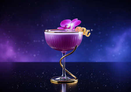 Elegant purple cocktail served in a vintage ribbed coupe glass, garnished with a vibrant orchid and a citrus spiral, set against a dark, shimmering blue and purple background.の素材
