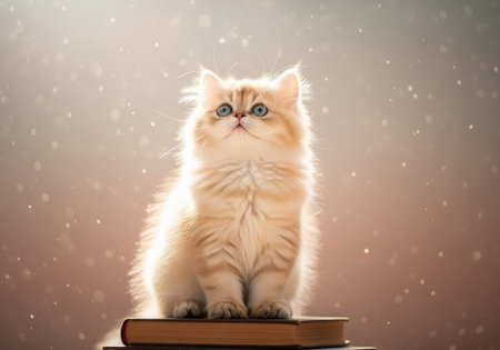 Fluffy cream kitten with striking blue eyes sitting on a stack of antique books. soft golden backlighting highlights the fur, creating a whimsical and magical atmosphere.の素材