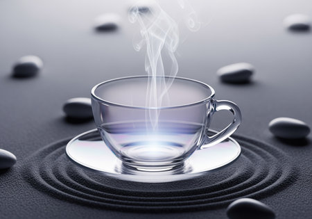 Empty translucent glass tea cup and saucer steaming gently, emitting a soft ethereal glow, centered on a dark raked zen sand garden surrounded by smooth white stones.の素材