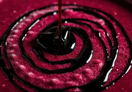 Dark, thick, viscous syrup being poured in a tight spiral pattern onto a vibrant magenta textured surface, creating a rich contrast. abstract macro shot emphasizing texture and sweetness.の素材