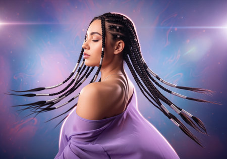 Woman with eyes closed and flowing braids adorned with metallic sleeves, captured in a vibrant, ethereal studio portrait with purple and blue light effects.の素材