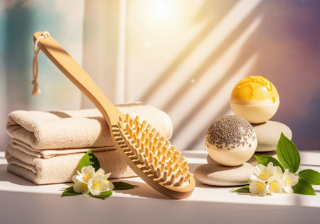Wooden back scrubber brush leaning against stacked beige towels, accompanied by two bath bombs resting on smooth stones and delicate jasmine flowers. bright sunlight creates a serene spa and wellness atmosphere.の素材