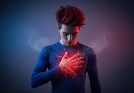 Man with red hair holds his chest, illuminated by glowing red lightning, conceptually representing acute heart pain, cardiac arrest, or emotional suffering.の素材