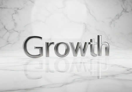 3D metallic silver typography spelling the word growth, standing prominently on a reflective white marble surface. represents concepts of business development, financial increase, success, and progress.の素材