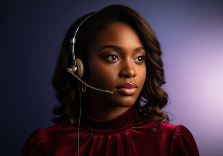 Focused black woman wearing a professional headset and red attire, ready to provide customer support or technical assistance in a call center environment. studio portrait.の素材