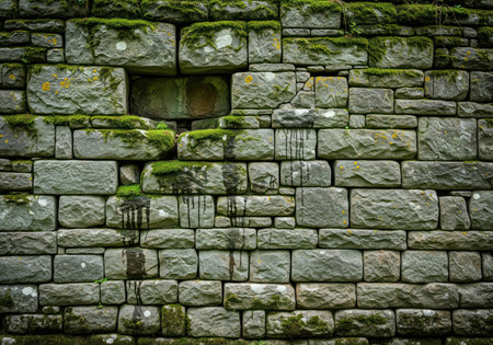 Close up view of an ancient wall constructed from rough, rectangular gray stones. the surface is heavily weathered, featuring patches of vibrant green moss and dark water stains.の素材